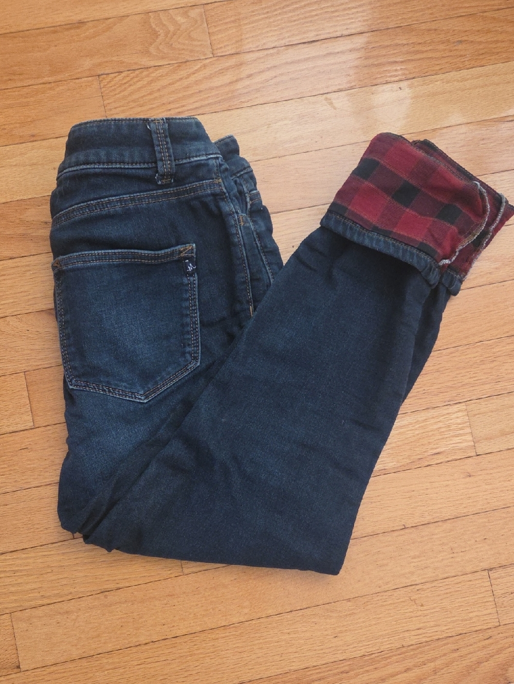 Dark Blue Denim Jeans with Red Plaid Cuff